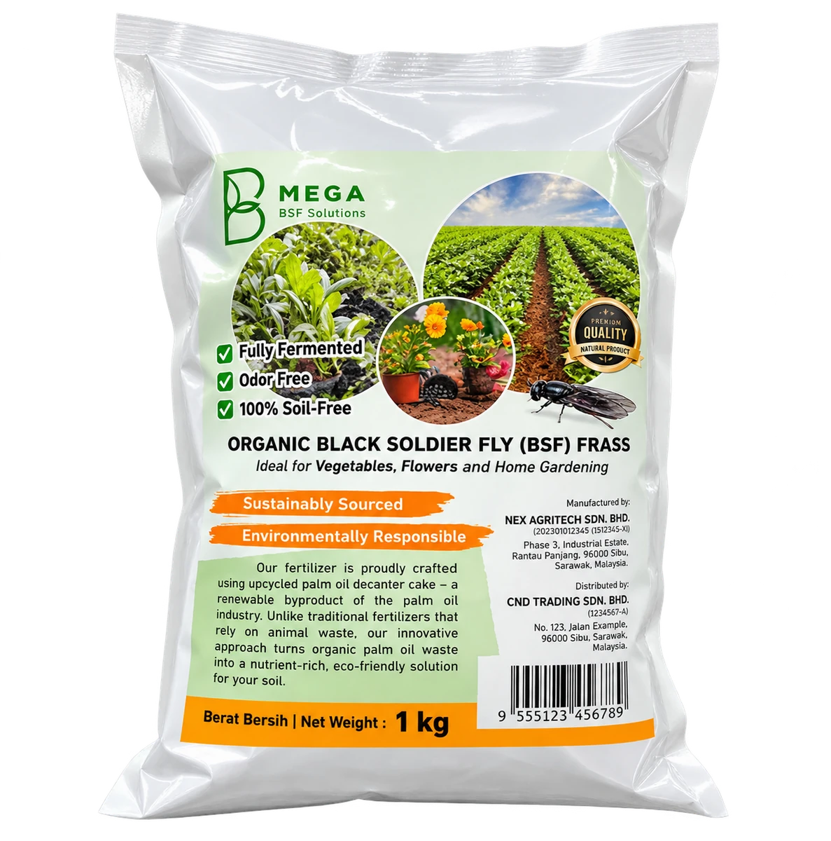 MEGA BSF Solutions Organic Black Soldier Fly frass fertilizer 1 kilogram pack