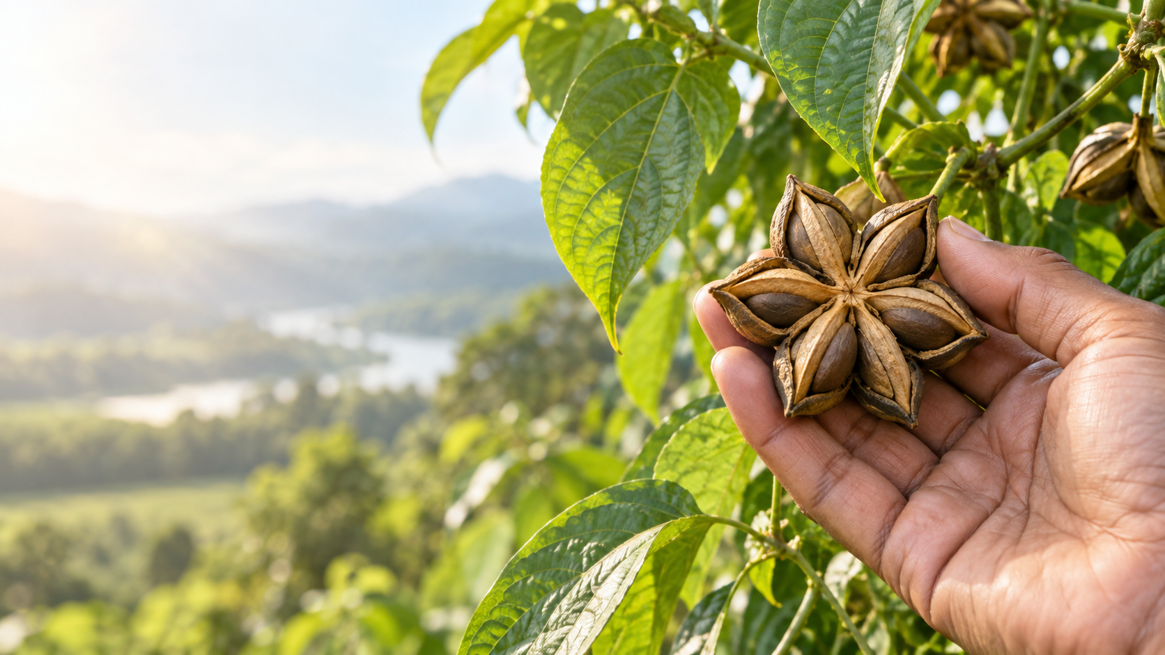 A locally harvested mature Sacha Inchi pod